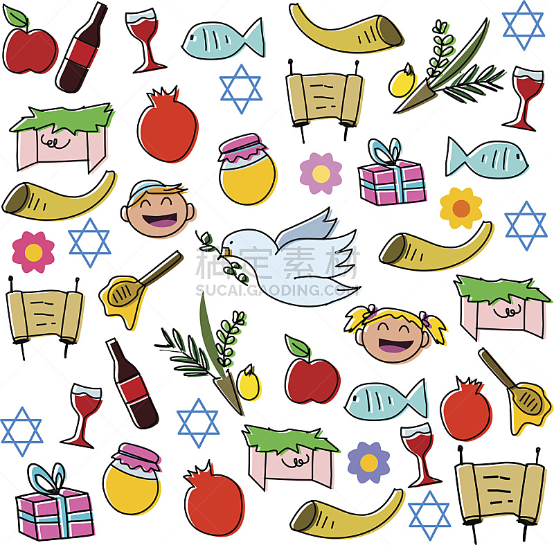 符号,苏克棚,犹太结茅节,羊角号,犹太新年,大卫王之星,酒瓶,含酒精饮料,一个物体,食品