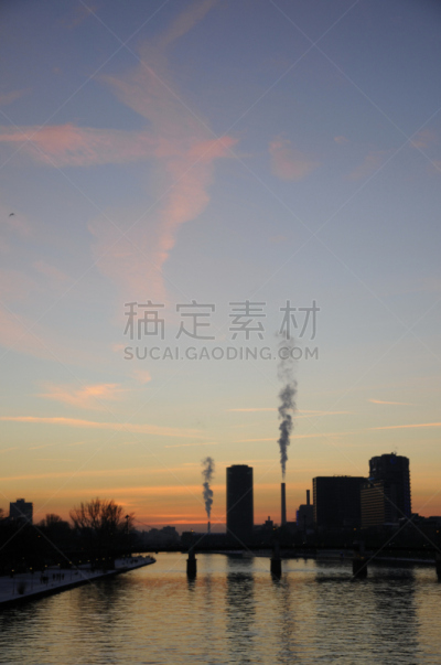 黄昏,德国,法兰克福,西德,热电厂,美茵河,黑森州,垂直画幅,无人,城市天际线