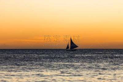 桨叉架船,有帆船,远距离,一个人,长滩岛,菲律宾,帆船,水,天空,留白