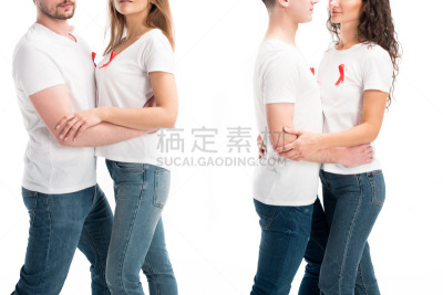图像,世界艾滋病日,两个人,艾滋病警示丝带,白色,概念,分离着色,部分,双亲家庭,抱