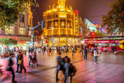 街道,上海,拥挤的,南京路,南京,夜市,霓虹色,林荫路,休闲活动,夜晚