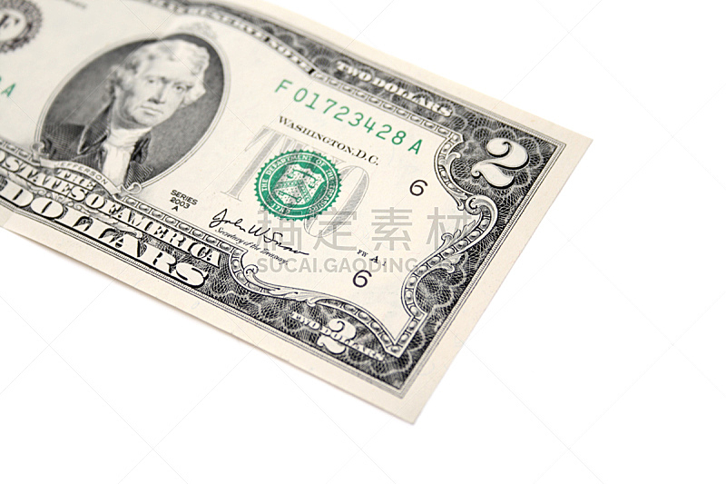 数字2,帐单,两美元的钞票,水平画幅,金融,白色背景,背景分离,职业,角落,公司企业