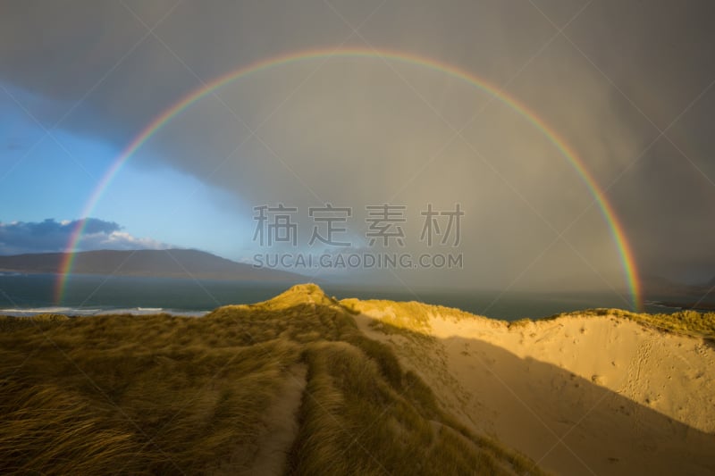 彩虹,在上面,harris,外赫布里底群岛,水平画幅,无人,苏格兰,户外,雨,海滩