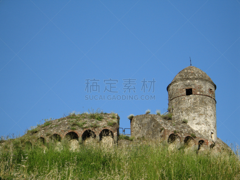 中世纪时代,萨尔扎纳,城堡,意大利,天空,簇叶从生的,水平画幅,风化的,无人,蓝色