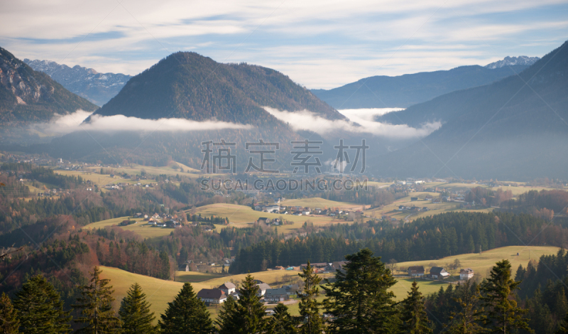 奥地利,阿尔卑斯山脉,雾,风景,巴特奥赛,格伦德尔湖,奥塞耳州,stajerska,萨尔茨卡默古特,天空