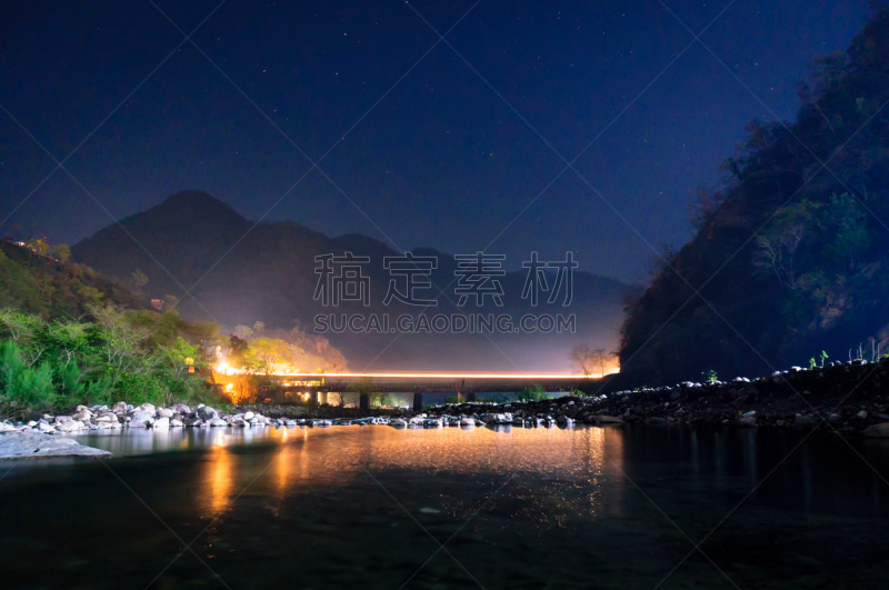 水,夜晚,桥,山脉,水平画幅,星星,山,无人,哈里瓦,瑞诗凯诗