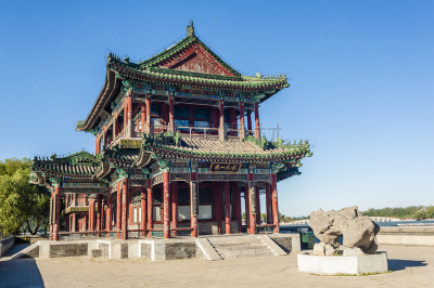 过去,北京,颐和园,建筑外部,胡青,堤道,天空,公园,水平画幅,建筑
