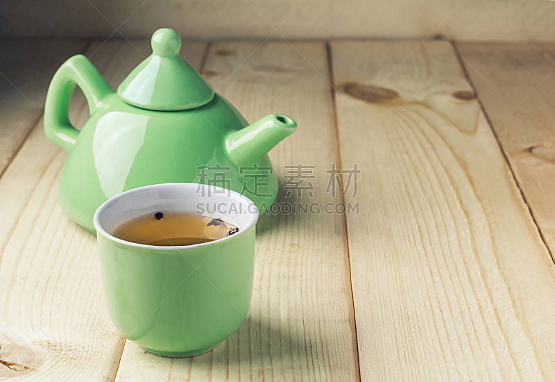 茶杯,木制,东,茶壶,绿色,传统,饮料,茶,热,清新