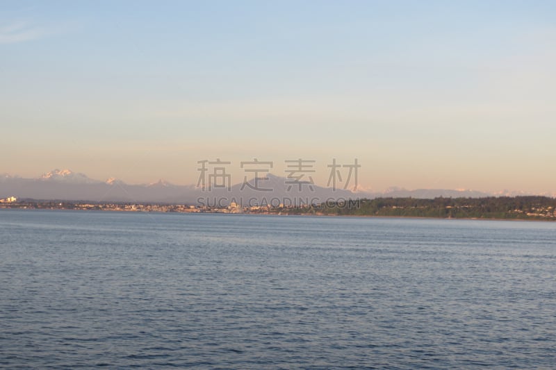 普吉特海湾,都市风景,惠德贝艾斯兰德,卡斯基德山脉,美国,水平画幅,无人,户外,日落,摄影