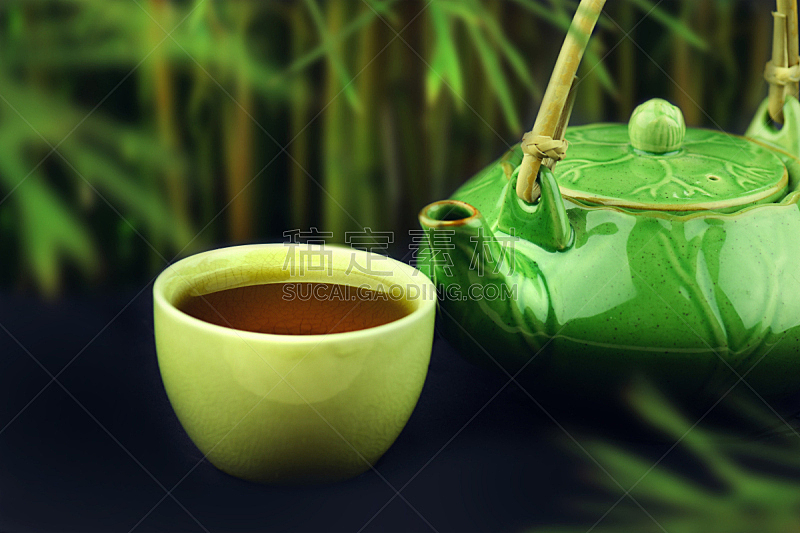杯,绿茶,自然,茶壶,背景,绿色,留白,早餐,水平画幅,放入
