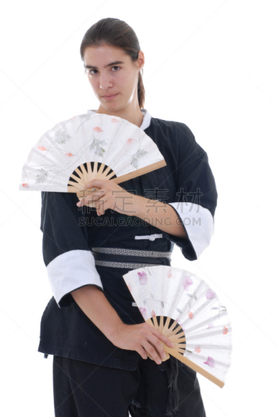 酷,中国功夫,黑带,垂直画幅,女人,人,人群,彩色图片,扇子,从容态度