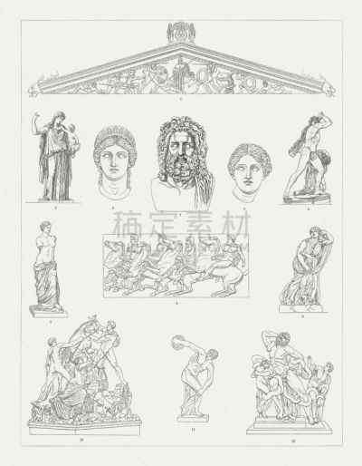 Greek sculpture art: 1) West Pediment of the Temple of Aphaia, Greece, 490 BC (today Glyptothek Munich); 2) Eirene (Peace) bearing Plutus (Wealth), Roman copy after a Greek votive statue by Kephisodotos (ca. 370 BC) which stood on the agora in Athens (tod