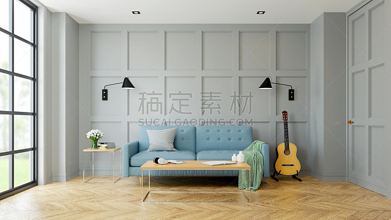 Vintage Modern interior of living room, blue sofa near black lamp and wood table and guitar on parguet flooring and dark blue wall  ,3d rendering