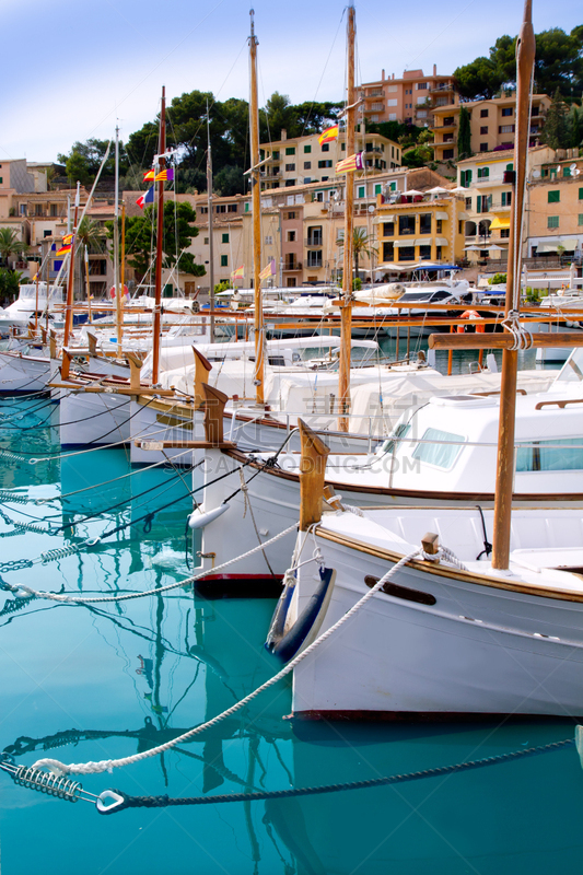 海港,puerto de soller,船,马略卡,垂直画幅,无人,夏天,巴利阿里群岛,户外,白色