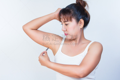 镊子,腋窝,女人,拔眉,多毛的,手臂下的,腋毛,扣纽扣,臭,高举手臂