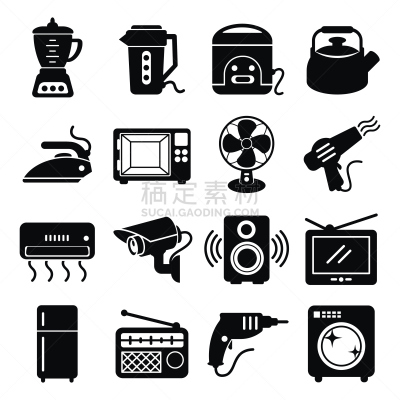 绘画插图,用具,黑色,图标,分离着色,白色背景,电饭锅,吹风机,电扇,布置