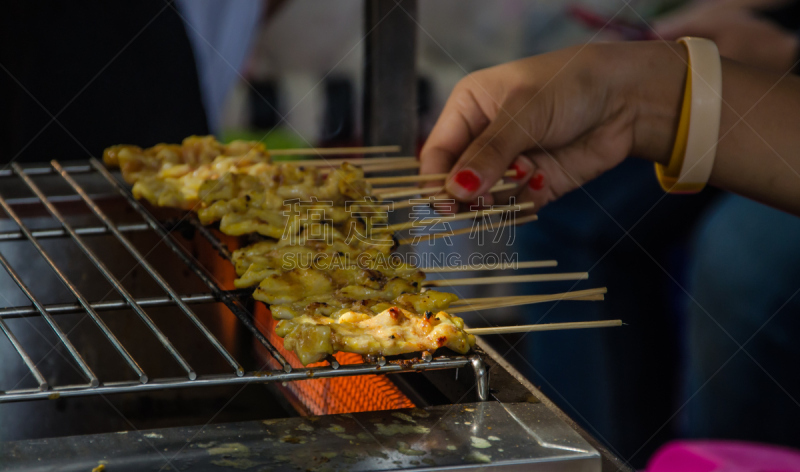泰国,街头食品,图像,柔焦,沙嗲,格子烤肉,水平画幅,开胃品,膳食,户外