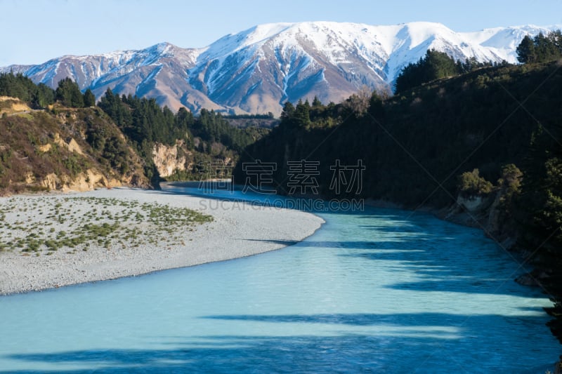 拉凯亚峡谷,拉凯亚河,水,水平画幅,高视角,雪,户外,新西兰坎特伯雷地区,山