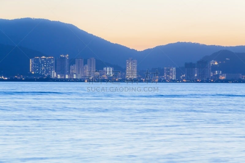 乔治敦,槟榔屿州,都市风景,海洋,山,热霾,天空,水平画幅,无人