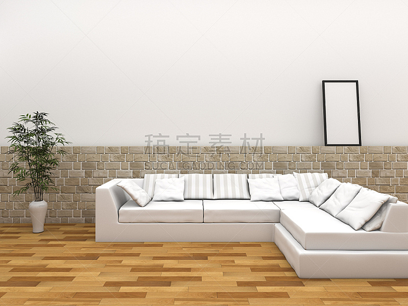 沙发,住宅房间,舒服,镶花地板,三维图形,美,水平画幅,墙,无人,砖墙