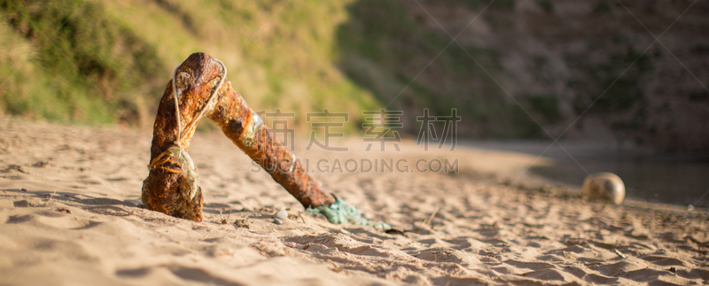 沙子,古典式,生锈的,海滩,锚,巨大的,稳定,水平画幅,固定的,岩石