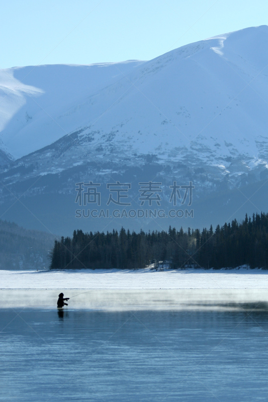 基耐,渔夫,阿拉斯加,寒冷,运动,雪,基奈山脉,河流,背景,鲑鱼