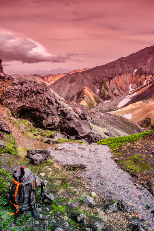 火山,山脉,兰德玛纳,风景,背包,冰岛国,徒步旅行,色彩鲜艳,杆,旅途