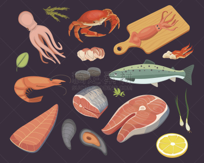 龙虾,螃蟹,绘画插图,海产,矢量,平坦的,牡蛎,鱼肉,海蚌,虾