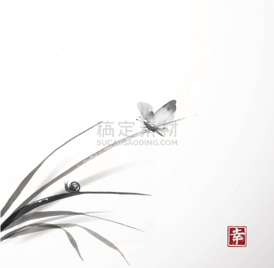 蜗牛,草叶集,蝴蝶,小的,烟灰墨,蜻蜓,水墨画,艺术,无人,绘画插图