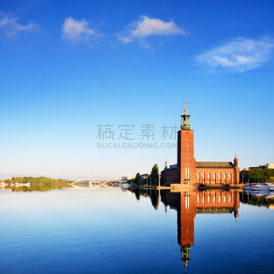瑞典,斯德哥尔摩,市政厅,办公室,水,天空,马拉伦湖,无人,早晨,利达尔峡湾