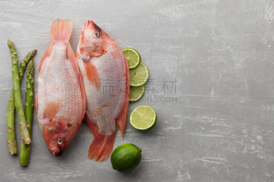 生食,鱼类,罗非鱼,红色,两个物体,留白,水平画幅,高视角,海产,东亚