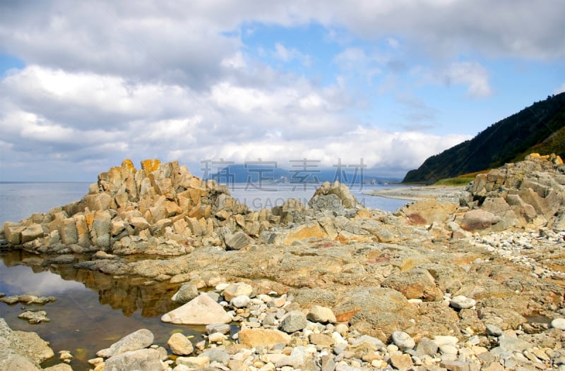 岩石,海滩,天空,水平画幅,无人,海岬,东亚,户外,海上航道,云景