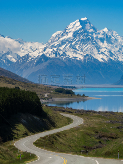路,新西兰,库克山,垂直画幅,天空,新的,云,山,雪,无人