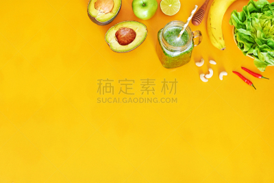 留白,绿色,沙冰,成分,黄色背景,在上面,水平画幅,素食,无人,膳食
