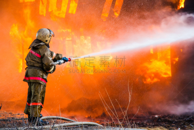 消防员,火,火警,建筑外部,建筑业,房屋,水,重的,古老的