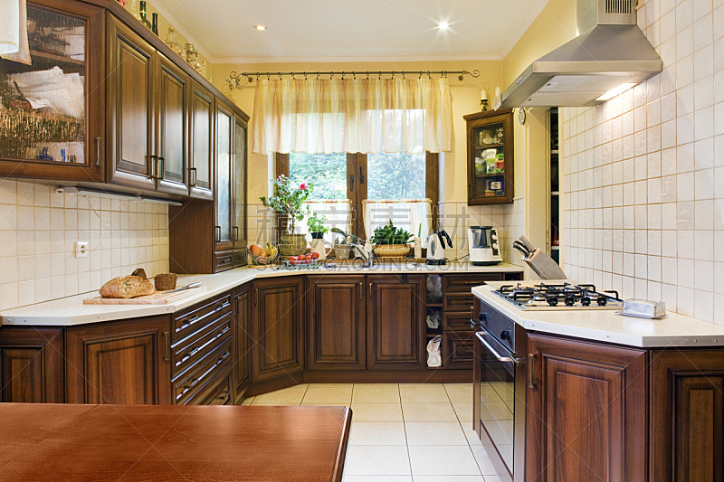 室内,厨房,简单,美,留白,褐色,新的,水平画幅,硬木地板,美人
