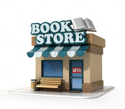 书店,商店,三维图形,小的,白色背景,正面视角,字母,外立面,水平画幅,绘画插图