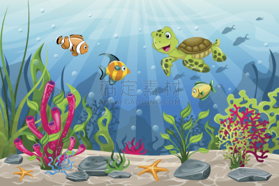 绘画插图,水下,鱼类,地形,海龟,龟河,海葵,图像,海洋,海星