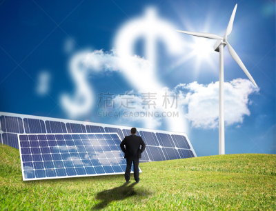 男商人,云,看,标志,天空,风,风力,能源,草坪,涡轮