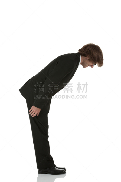 侧面像,男商人,仅一个青年男人,侧面视角,礼节,人,白色背景,鞠躬,弯腰,尊敬
