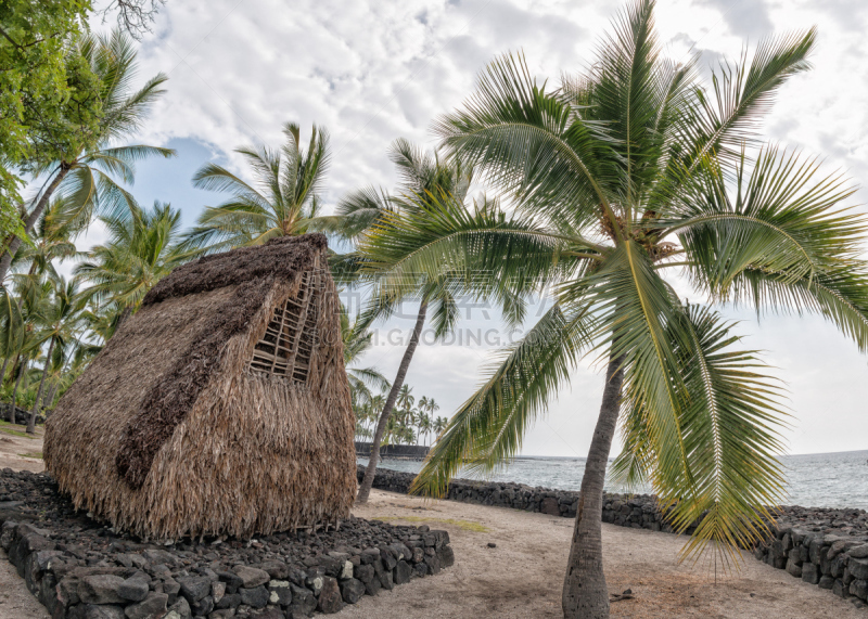 海滩,小屋,古神殿,荷那吾那吾,puuhonua o honaunau national historical park,钚,可那,水平画幅,茅屋屋顶,无人