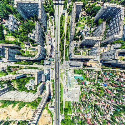 路,航拍视角,房屋,晴朗,夏天,十字路口标志,建筑外部,公园,大群动物,停车