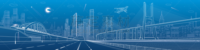 公路,现代,飞机,背景,城市,夜晚,全景,无人,矢量,塔