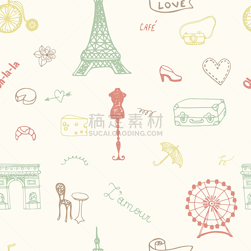符号,巴黎,四方连续纹样,全部,绘画插图,牛角面包,法式食品,旅行者,单词,国际著名景点