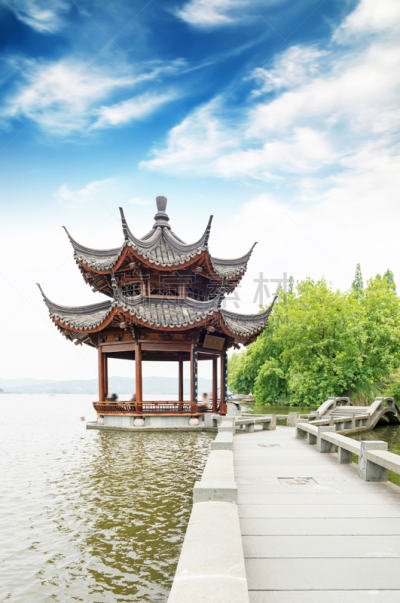 杭州,亭台楼阁,中国,远古的,西湖,垂直画幅,水,天空,美,旅行者
