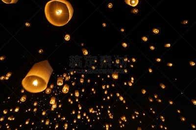 清迈省,天空,元宵节,泰国,拉那风景饭店,蜡烛,灯笼,水平画幅,夜晚,无人