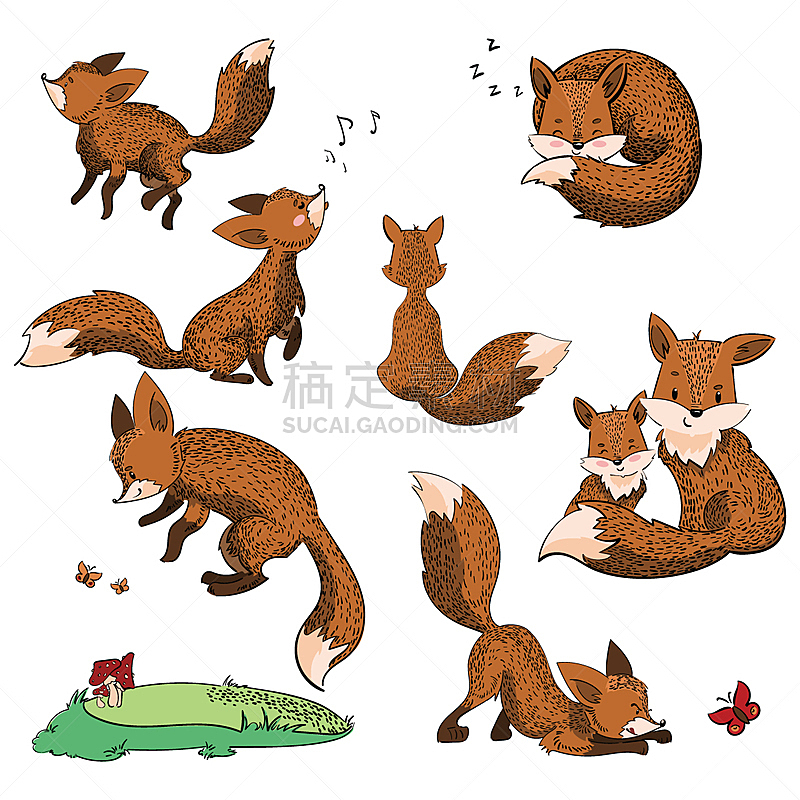 Set of cartoon foxes. Collection of cute foxes. Vector illustration for children. Wild animals