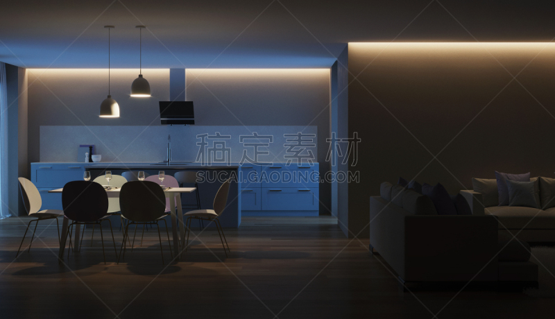 现代,三维图形,厨房,房屋,室内,蓝色,夜晚,抽油烟机,窗帘,舒服