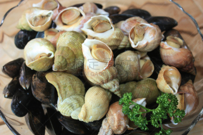 贻贝,海螺,海蚌,海味沙拉,煮食,水平画幅,法式食品,海产,室内,灶台