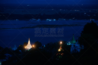 实皆省,伊洛瓦底江,缅甸,夜晚,山,曼德勒,灵性,水平画幅,无人,古老的